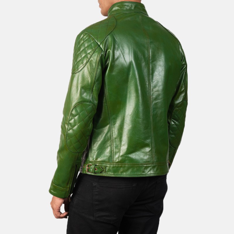 Men's Quilted Green Leather Biker Jacket - Fan Jacket Maker