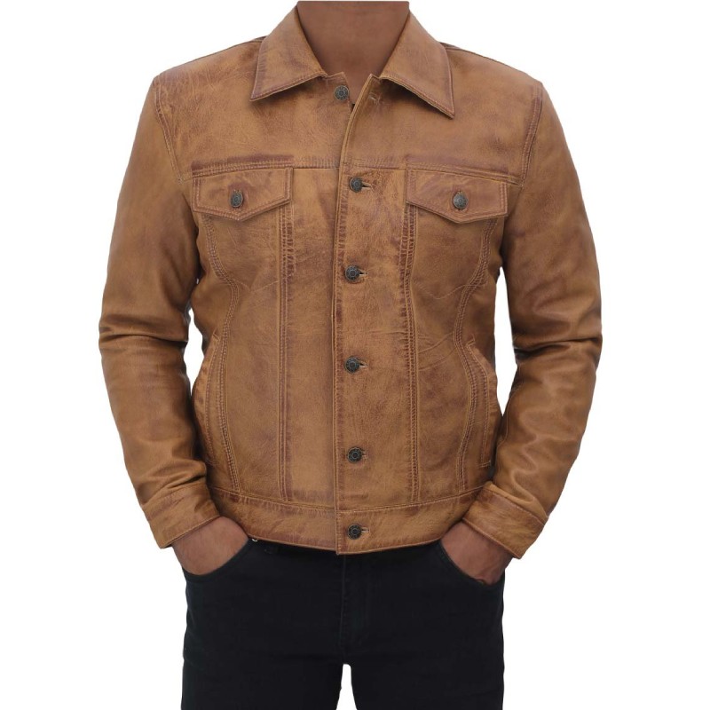 Mens Camel Brown Real Leather Jacket - Fan Jacket Maker