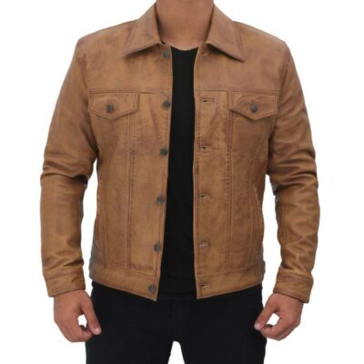 Mens Camel Brown Real Leather Jacket With Shirt Collar