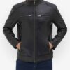 Mens Classic Black Leather Biker Jacket With Zipper Closure