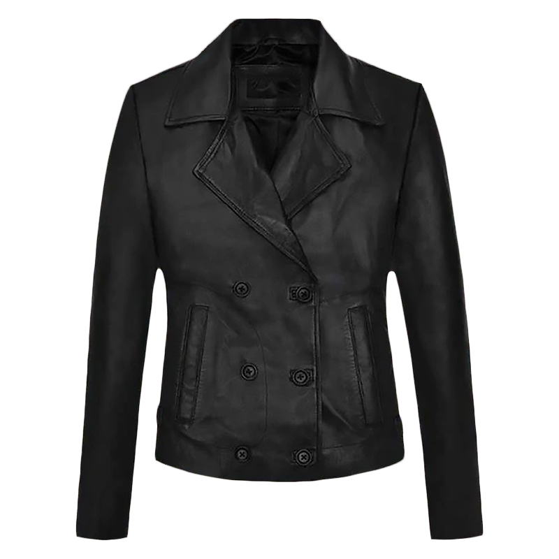 Double Breasted Black Leather Peacoat - Fan Jacket Maker