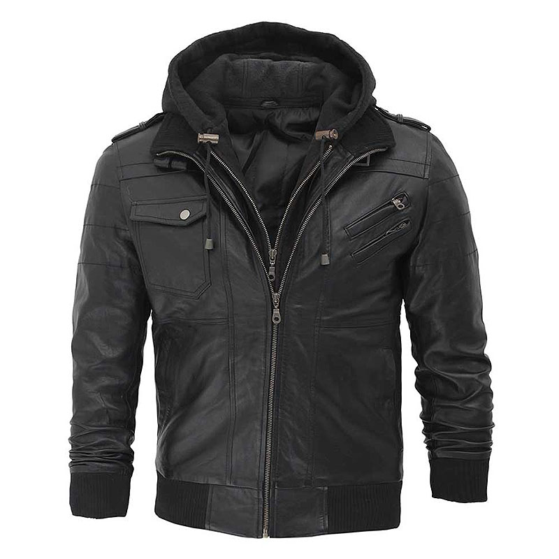 Mens Black Leather Hooded Jacket - Fan Jacket Maker