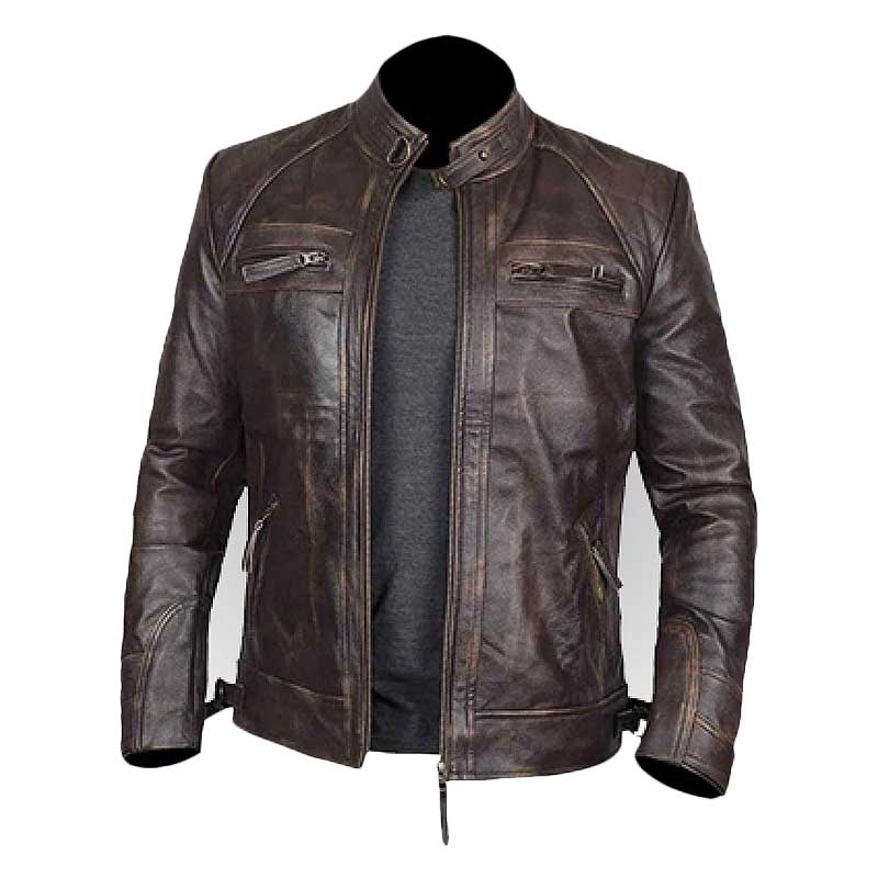 Mens Distressed Brown Leather Biker Jacket - FLM