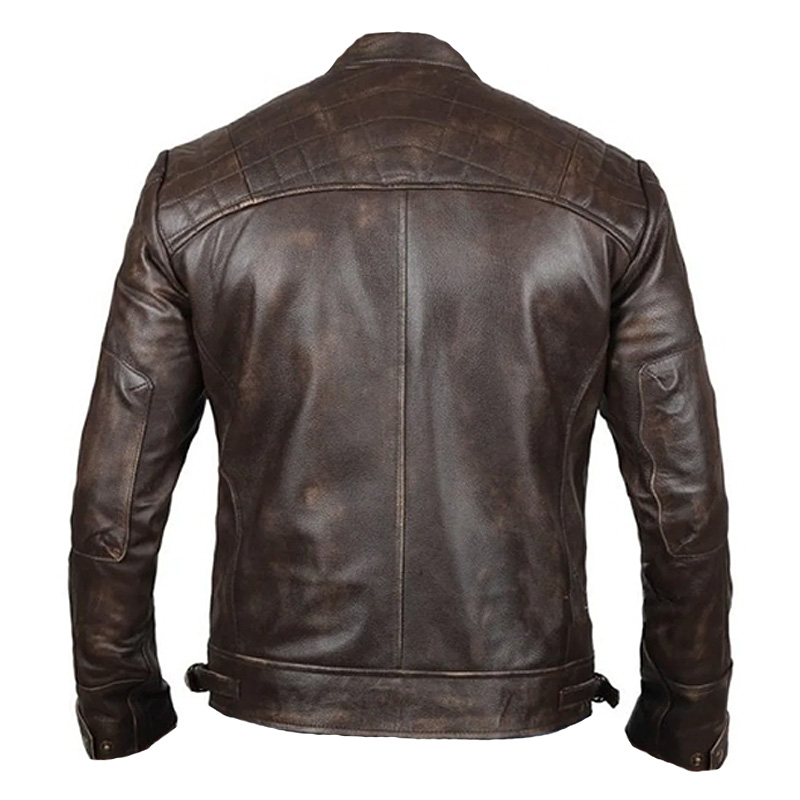 Mens Distressed Brown Leather Biker Jacket - FLM
