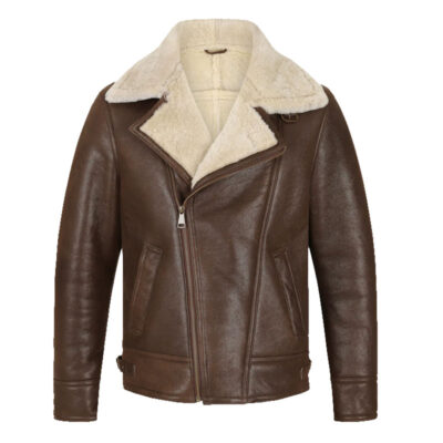shearling collar brown leather biker jacket