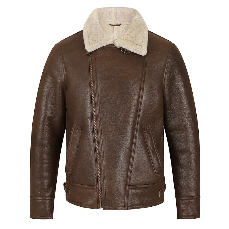 shearling collar brown leather biker jacket