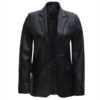 women's black two button leather blazer