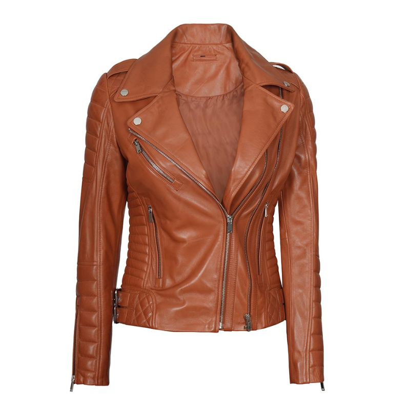 Women's Tan Asymmetrical Moto Leather Jacket - FJM