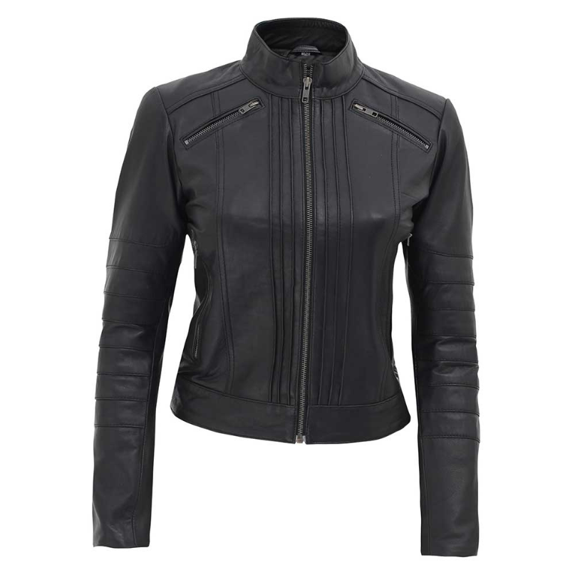 Women's Black Fitted Leather Biker Jacket - fan jacket maker