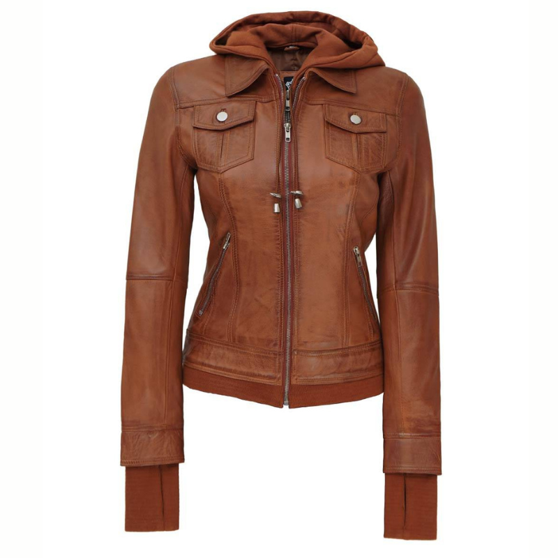Women's Hooded Tan Leather Jacket - Fan Jacket Maker