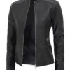 women's slim fit black textured leather jacket