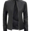 women's slim fit black textured leather jacket