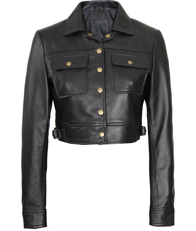 Womens Trucker Black Cropped Leather Jacket | Fan Jacket Maker