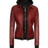 the céleste womens maroon bomber leather jacket with removable hood