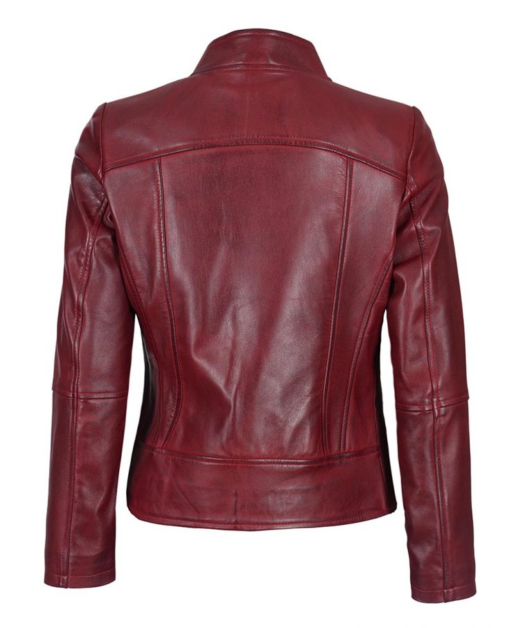 Women’s Slim Fit Distressed Maroon Leather Jacket- FJM