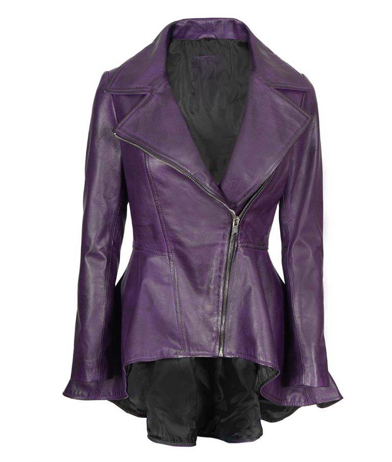Women’s Real Leather Purple Peplum Leather Jacket - FJM