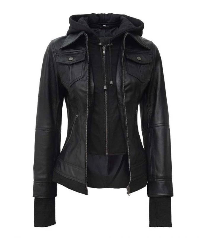 Women’s Black Fitted Bomber Leather Jacket With Hood | FJM