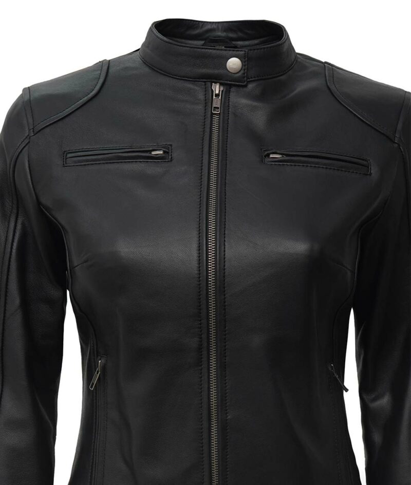 dodge women’s black lambskin leather moto jacket