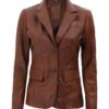 women’s two buttons real leather brown blazer