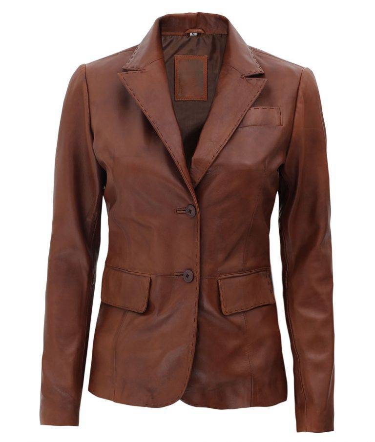 Women’s Two Buttons Real Leather Brown Blazer | FJM