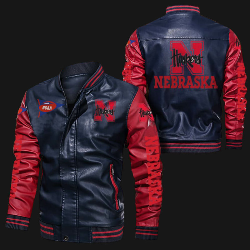 Blue Red Nebraska Cornhuskers NCAA Bomber Leather Jacket