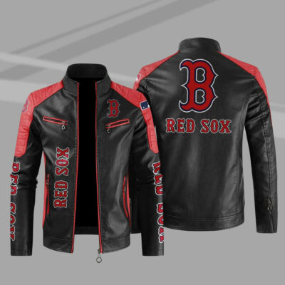 mlb black red boston red sox block leather jacket