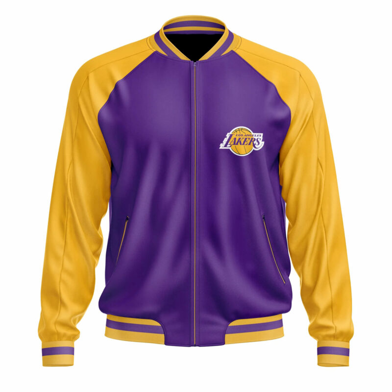 purple yellow los angeles lakers leather bomber jacket