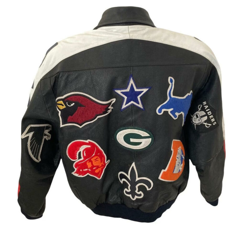 vintage usa flag nfl team patches leather jacket