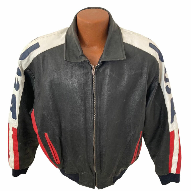 vintage usa flag nfl team patches leather jacket