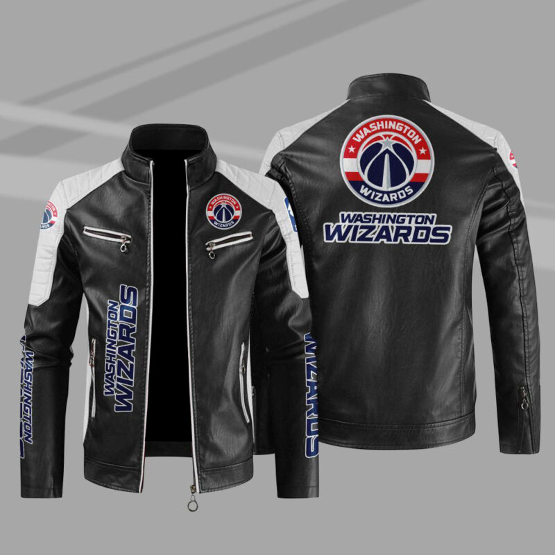 washington wizards block white black leather jacket