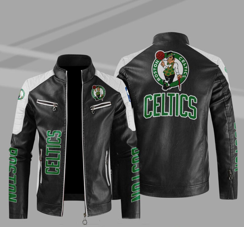 boston celtics block white black nba leather jacket