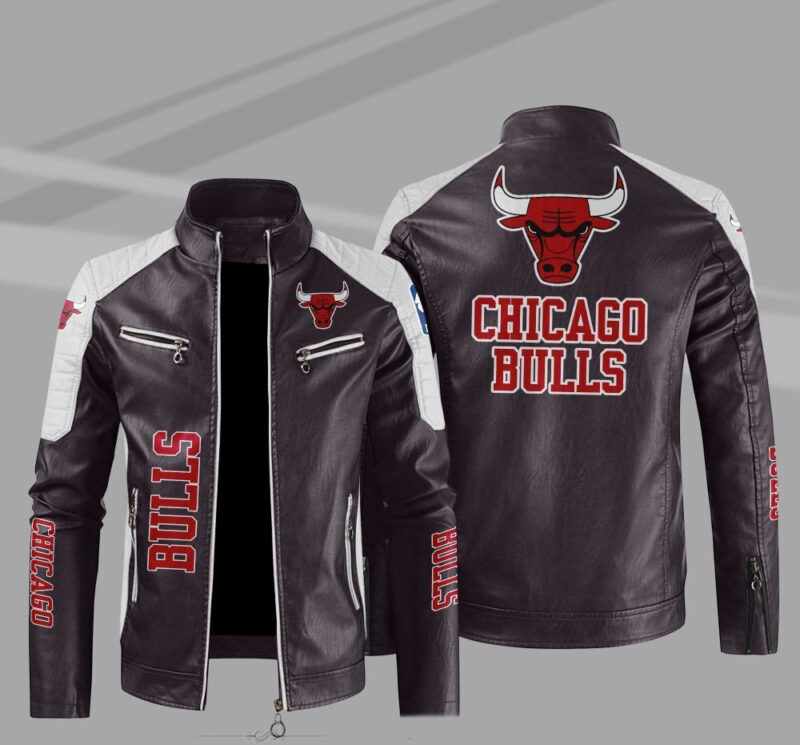 chicago bulls block brown white nba leather jacket
