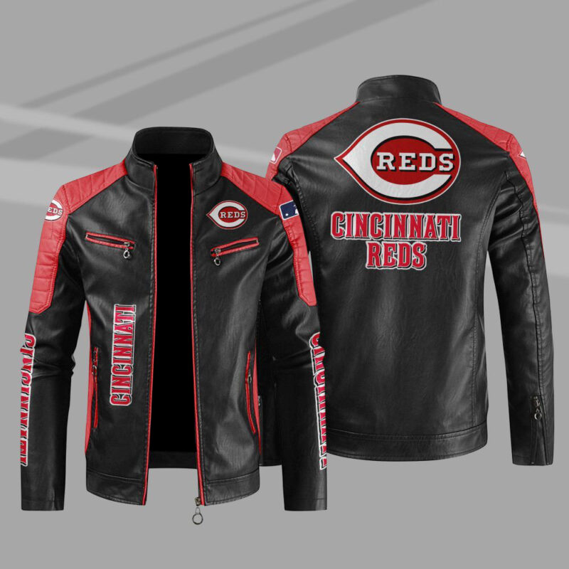 cincinnati reds block red black mlb leather jacket