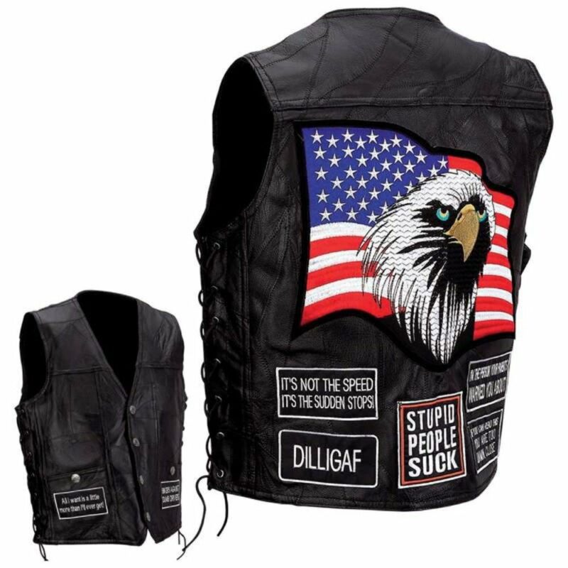 diamond plate rock design leather vest with patches