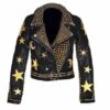 golden studded leather jacket with stars patches