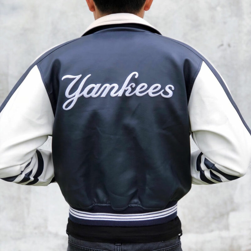 ny yankees navy blue and white leather jacket