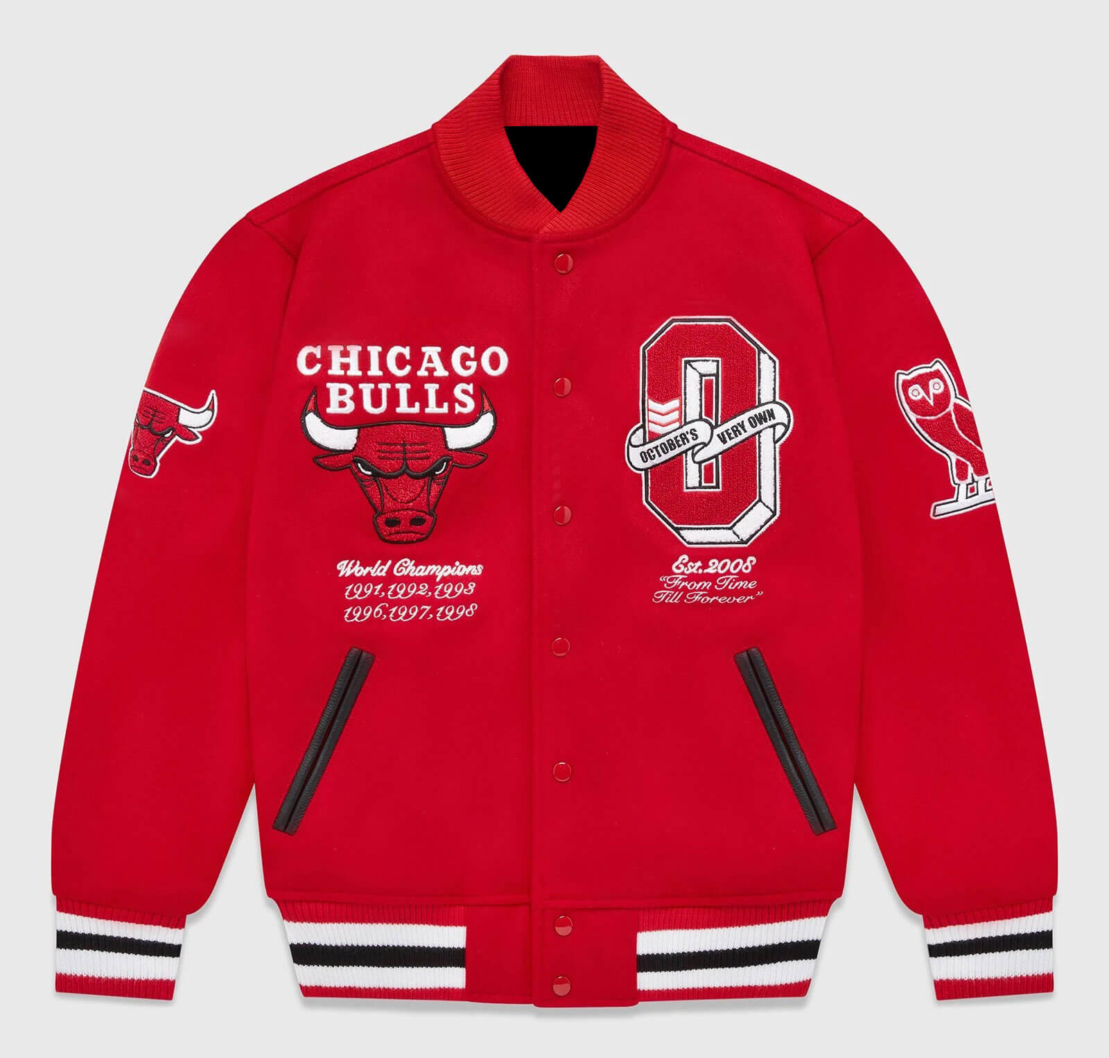 Red OVO NBA Chicago Bulls Varsity Jacket | FJM