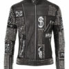 black full studded embroidery patches leather jacket