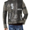 black full studded embroidery patches leather jacket