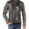black full studded embroidery patches leather jacket