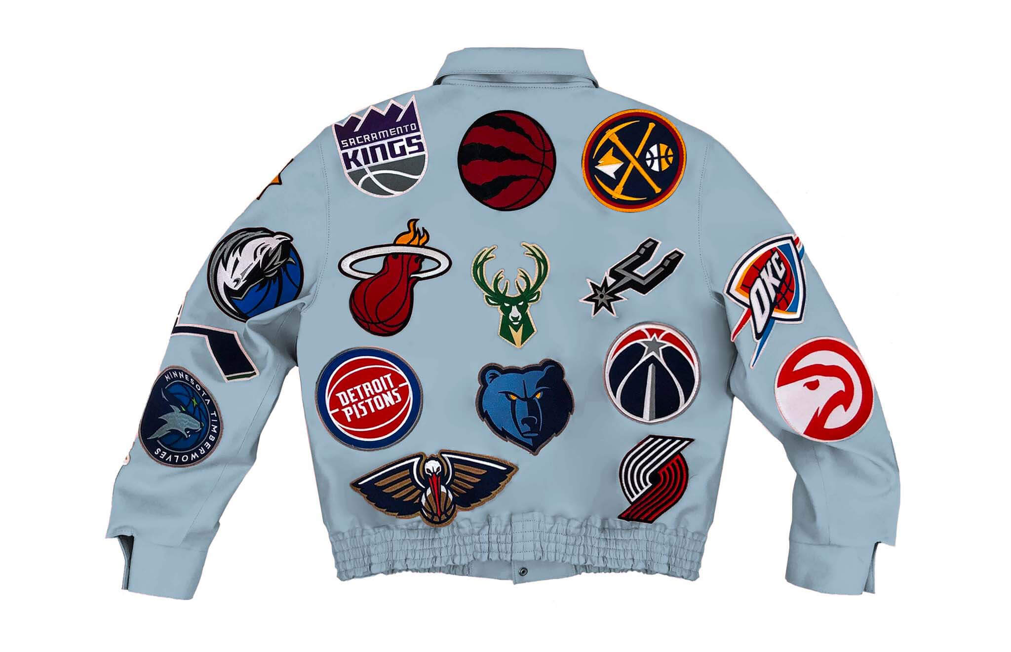 Baby Blue NBA Team Collage Jeff Hamilton Leather Jacket | FJM
