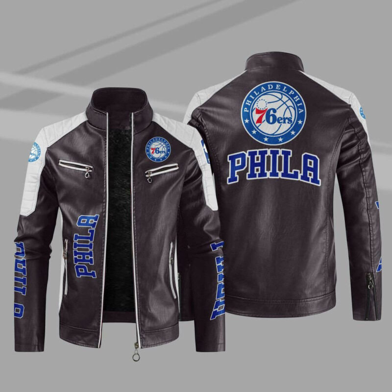 brown white philadelphia 76ers block leather jacket