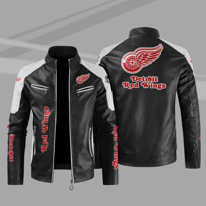 detroit red wings block white black leather jacket