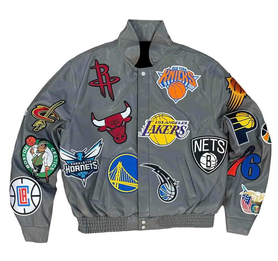 Gray NBA Team Collage Jeff Hamilton Leather Jacket | FJM