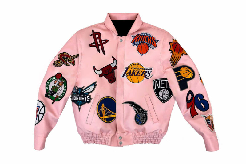 light pink nba team collage jeff hamilton leather jacket