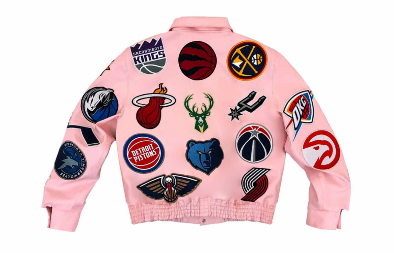 light pink nba team collage jeff hamilton leather jacket