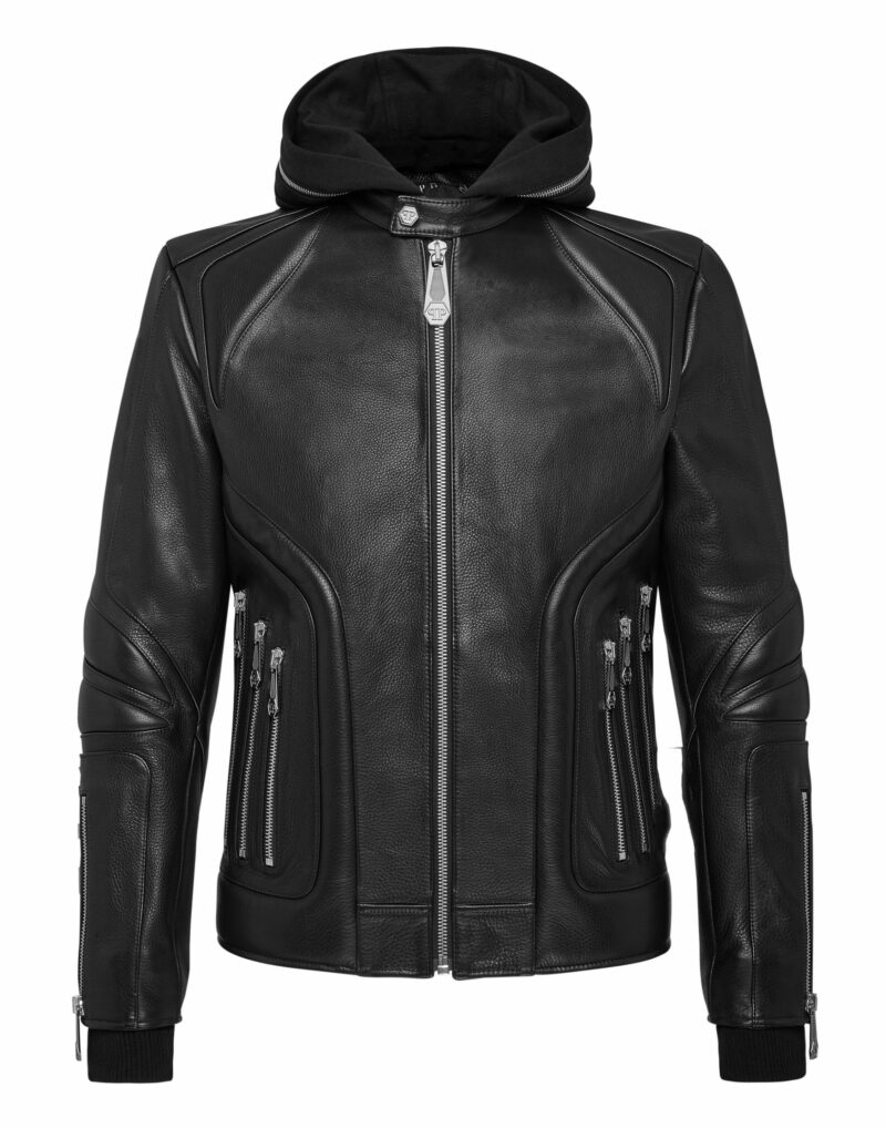 men’s hoodie leather moto jacket
