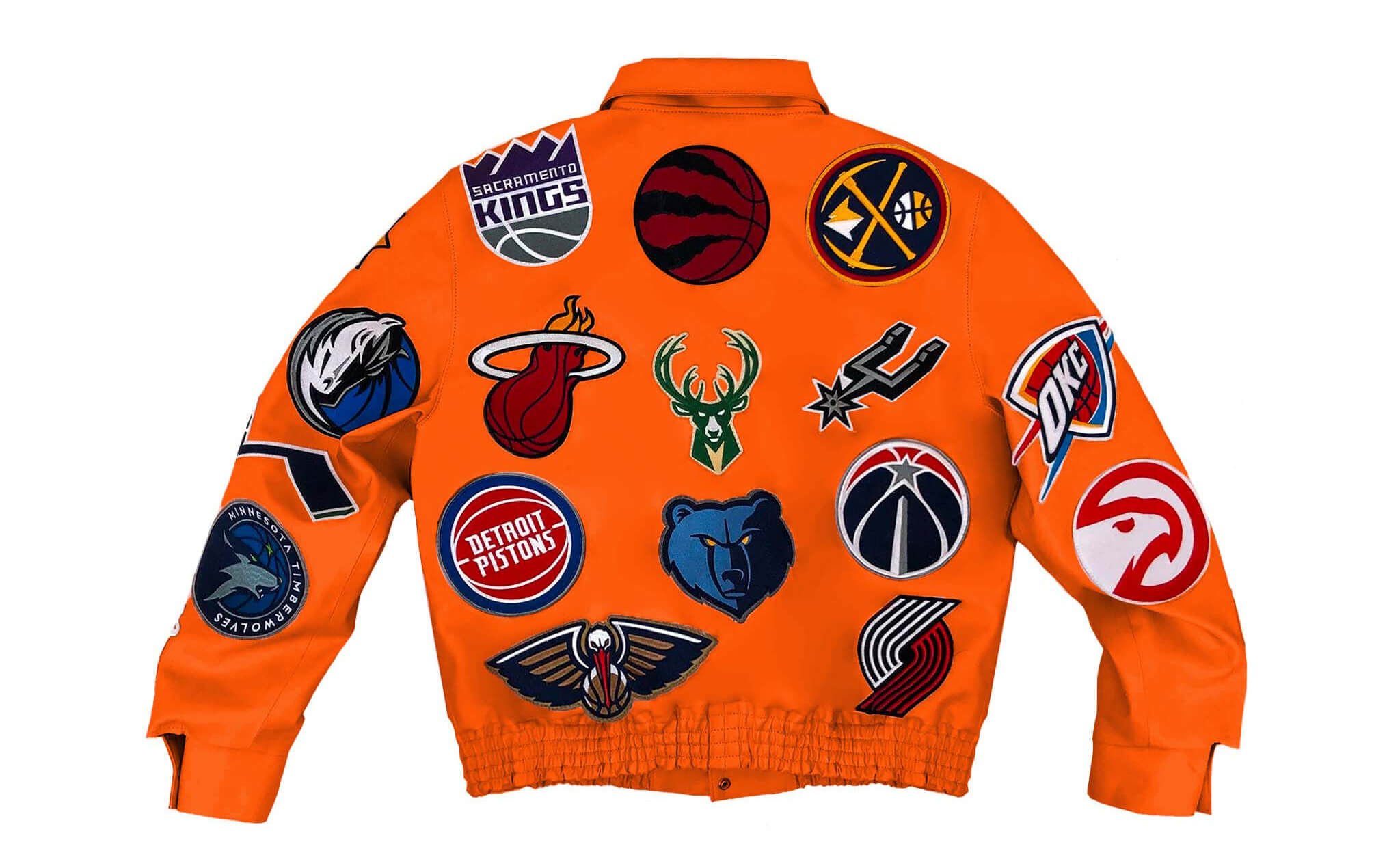 Orange NBA Team Collage Jeff Hamilton Leather Jacket | FJM