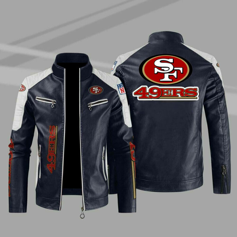 blue color san francisco 49ers block leather jacket