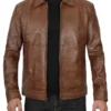 men’s shirt collar chocolate brown leather jacket